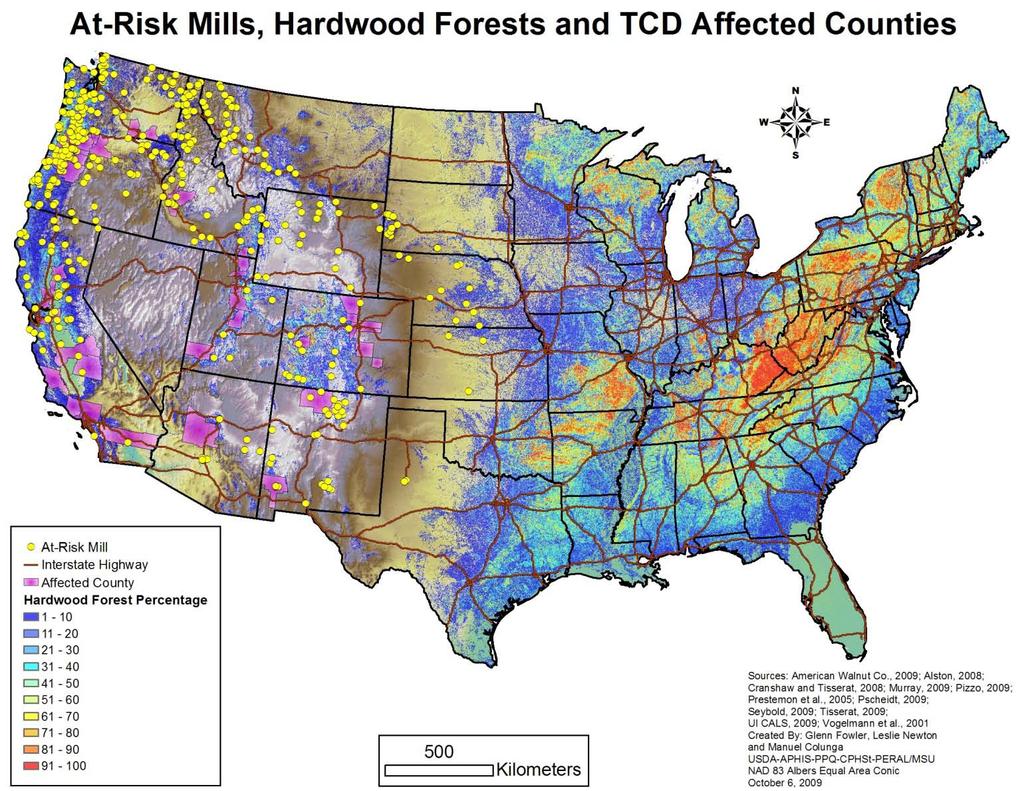 Figure 6. Timber mills within 300 miles of TCD affected counties. B.