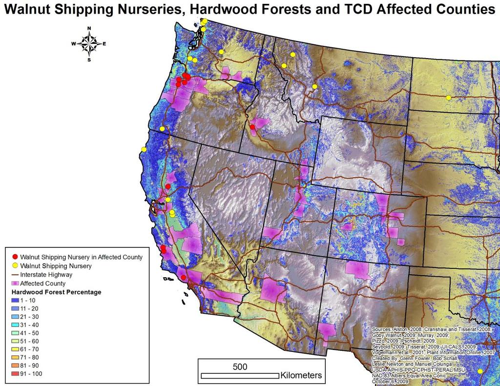 Figure 11. Nurseries that ship walnut species located in TCD affected counties. E.