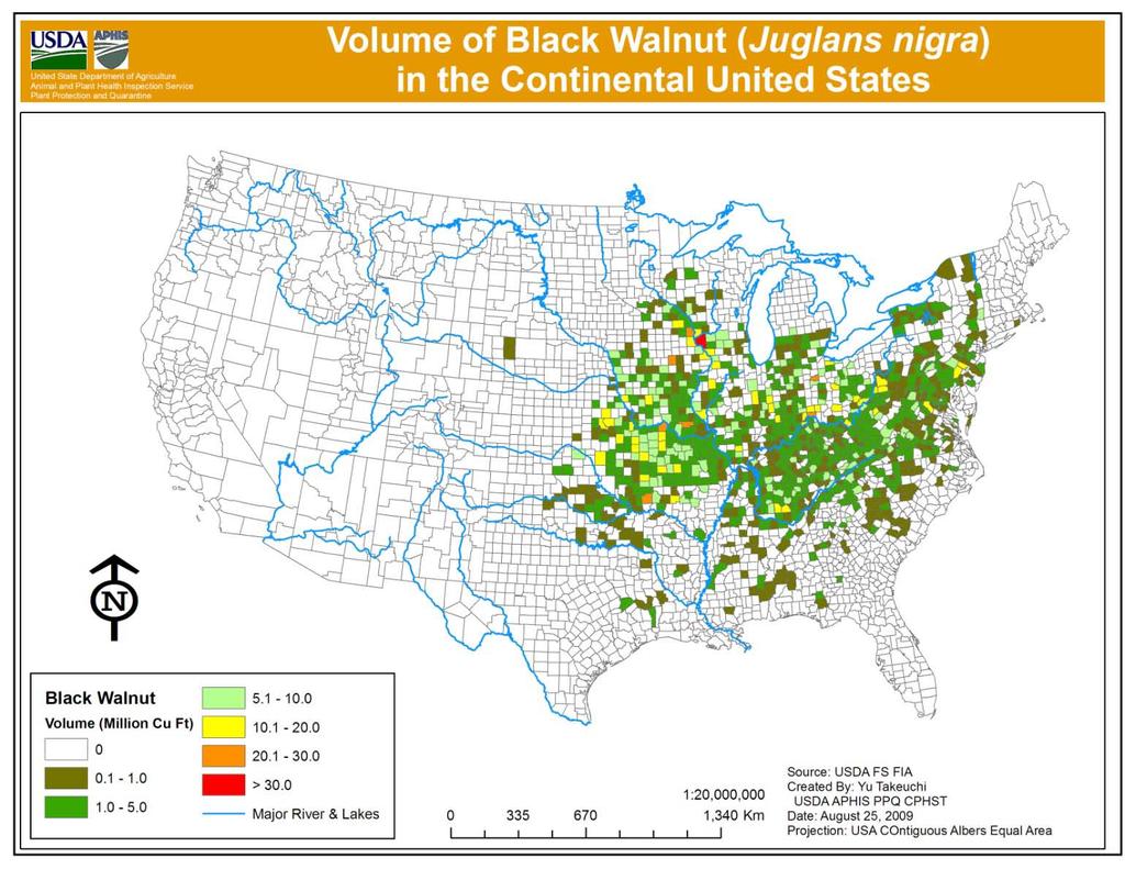 Figure 14. U.S. (native range) black walnut volume (million cubic feet) per county. VI.