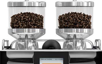 The machine grinds the beans freshly for each beverage. The left hopper is intended for regular coffee beans.
