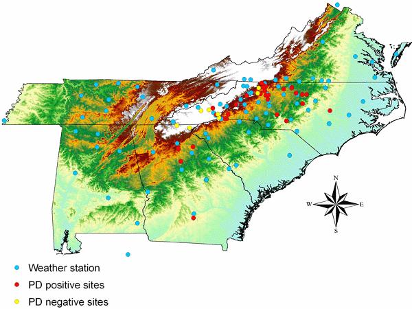Fig. 3. Relief map of southeastern United States showing locations of weather stations and positive and negative Pierce s disease sites listed in Table 1 and their time of sampling.