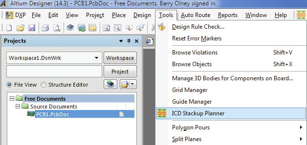 E. Launch the ICD Stackup Planner from this icon or from Tools