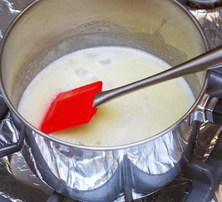 11 8 Combine the butter, water, sugar, and salt in a saucepan and bring to a boil over medium-high heat. Reduce the heat to low and simmer to thicken slightly, about 3 minutes.