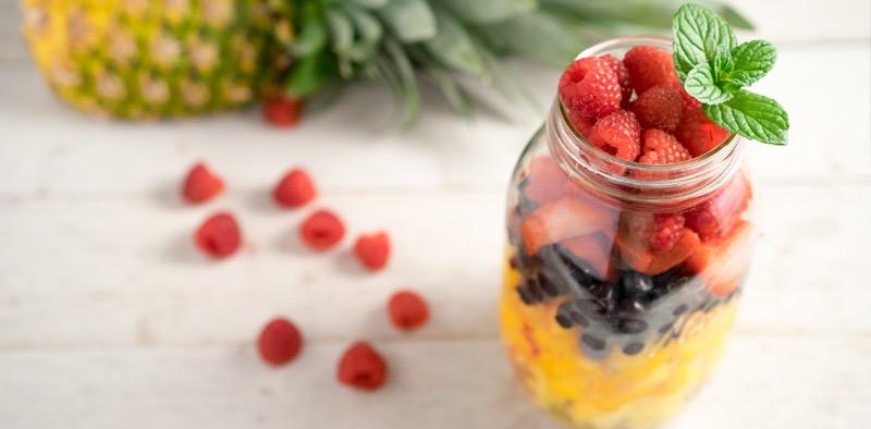 Day 7 - Morning Snack Tropical Chia Salad Time: 5 min Servings: 1 1/2 cup pineapple, cubed 1/2 cup mango, diced 1/2 cup berries, fresh or frozen 1 cup fresh-squeezed orange juice 1 tablespoon chia
