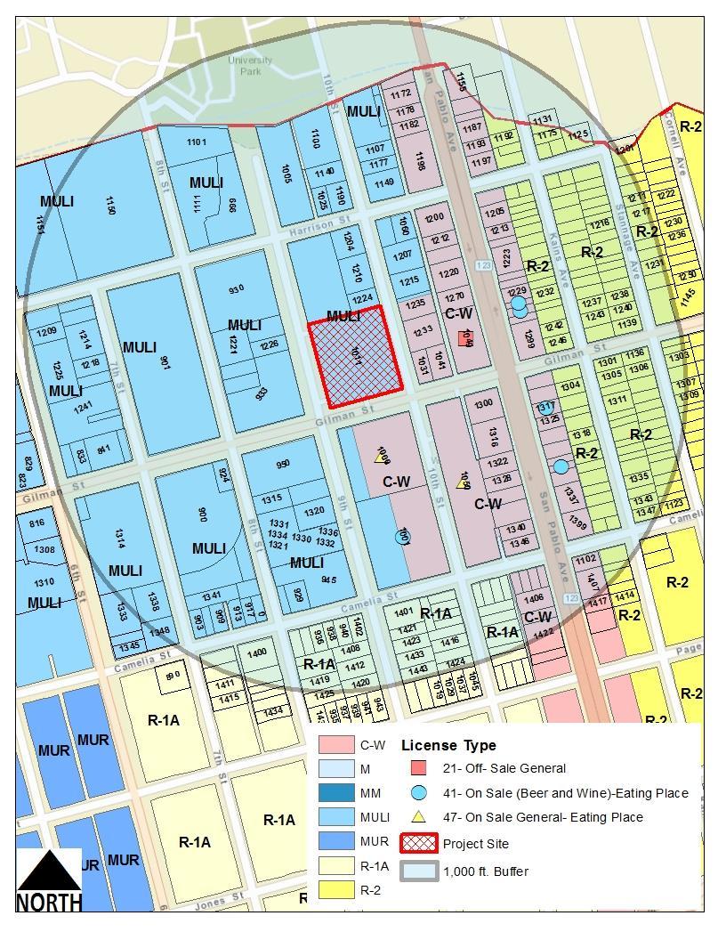January 14, 2016 Page 2 of 10 Figure 1: Vicinity and Zoning Map with Type 21, 41 and 47 alcohol licenses within 1,000 feet of the Project 1 Project Site Address License Type DBA 1019 Camelia Street