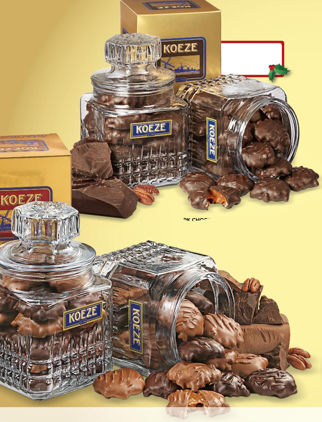 DARK CHOCOLATE TURTLES The intense flavor of dark chocolate is the perfect contrast to our soft, sweet caramel and crisp pecans. Comes carefully hand-packed in Koeze s signature 19.5 oz.