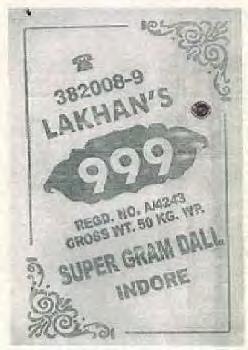 Trade Marks Journal No: 1863, 20/08/2018 Class 31 3046563 03/09/2015 BALKISHAN GOYAL (HUF) trading as ;LAKHAN INDUSTRIES SCHEME NO. 71, PLOT NO. 2A1, SIRPUR (DHAR ROAD), INDORE - [M.P.] MANUFACTURERS AND MERCHANTS AN INDIAN NATIONAL G.