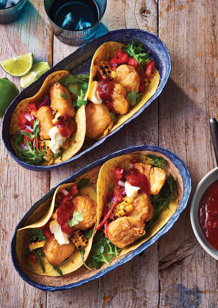 Crispy Fish Tacos Take yourself to California with these Mexican inspired crispy fish tacos, served with lime mayonnaise and tomato chilli jam.