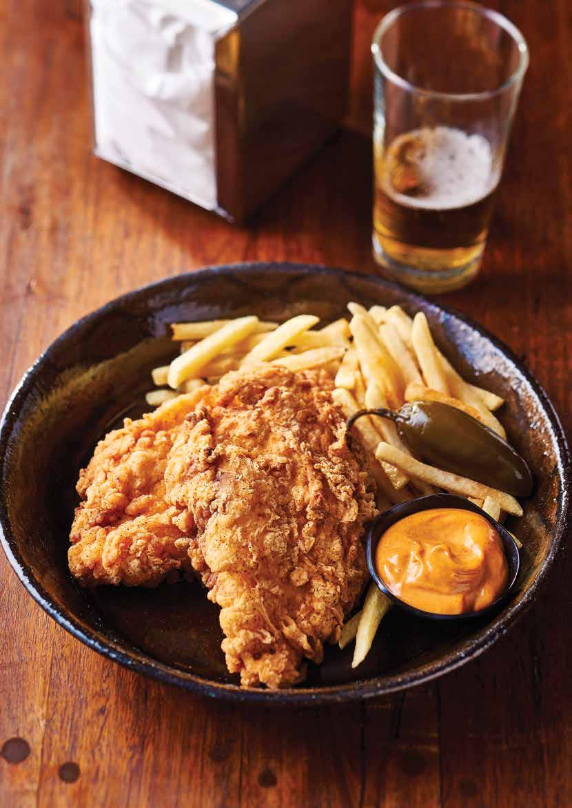 Southern Fried Chicken Schnitzel Classic Southern American Fried Chicken meets an Aussie favourite. Buttermilk and spiced coated crispy chicken schnitzels, served with chips and Comeback Sauce.