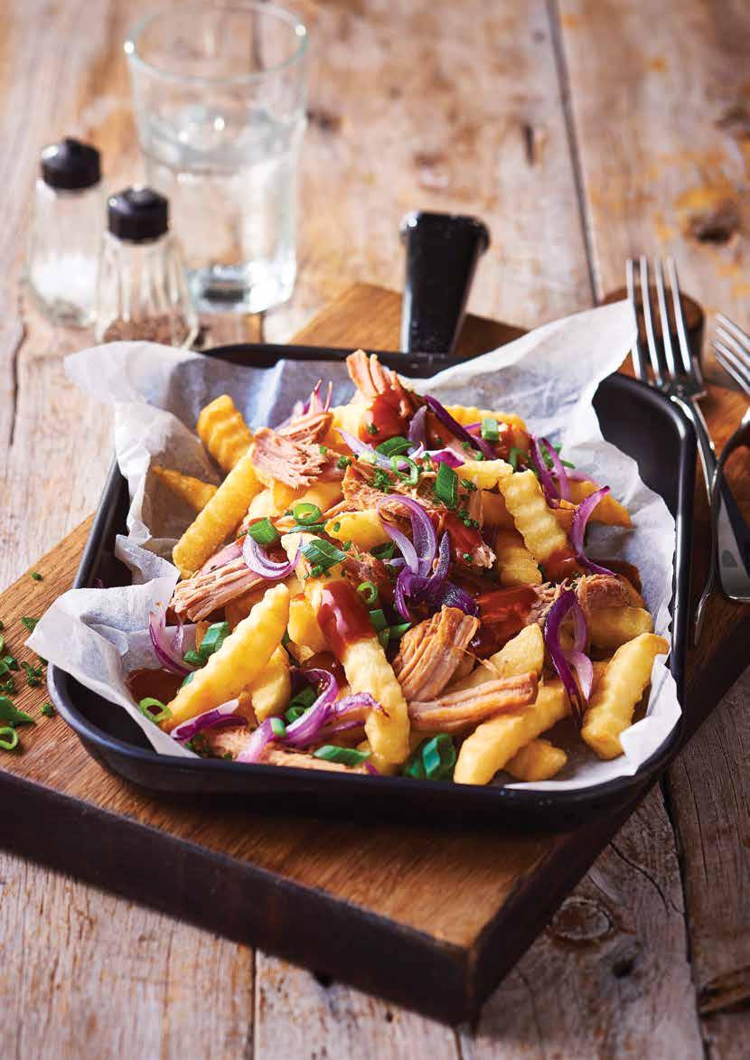 Pulled Pork Loaded Fries Turn crispy golden crinkle cut fries into a true American style meal by topping with slow roasted pulled pork and chipotle jus.
