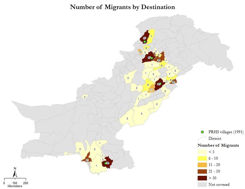 Figure 2: Number of Migrants of Original 1991 Pakistan Rural Household Survey Household Members, by Location