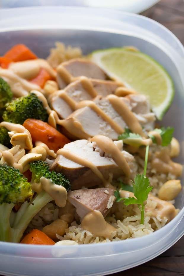 4: Peanut Lime Chicken Lunch Bowls 5 Heat the peanut butter in a microwave-safe dish gently in 2-3 10 second increments. Stir until smooth. Stir in the remaining sauce ingredients.