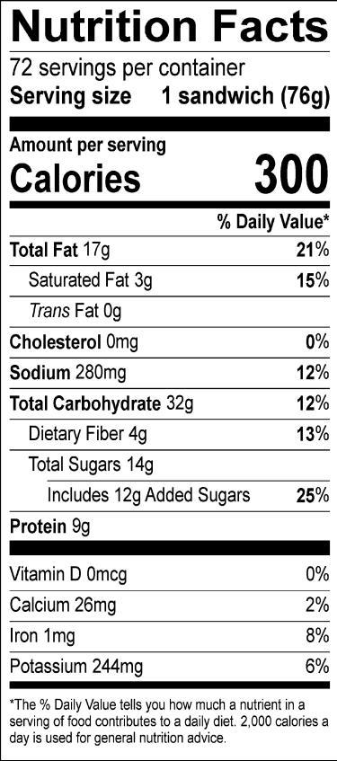 NUTRITION FACTS & INGREDIENT DECLARATION INGREDIENTS: PEANUT BUTTER: PEANUTS, SUGAR, CONTAINS 2% OR LESS OF: MOLASSES, FULLY HYDROGENATED VEGETABLE OILS (RAPESEED AND SOYBEAN), MONO AND DIGLYCERIDES,