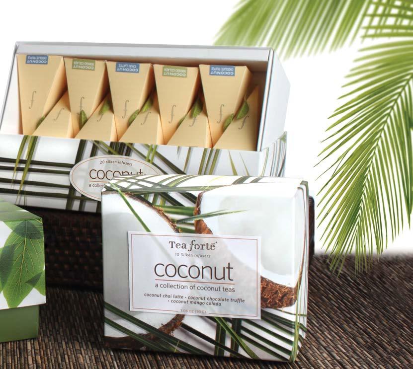 4 cm coconut petite ribbon box Contains ten tea infusers including: Coconut Chai Latte, Coconut Chocolate Truffle, Coconut Mango Colada. 13429 coconut petite ribbon box (10 infusers) 11.4 x 10.2 x 7.