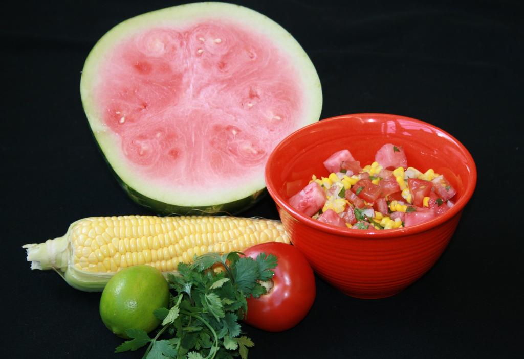 Watermelon and Corn Salsa 1 cup corn, fresh (about 1 ear) 1 cup tomatoes, medium-diced (about 2 medium) ¼ cup sweet onion, small-diced (about ¼ medium) 1 cup watermelon, seeded, medium-cubed (about ¼