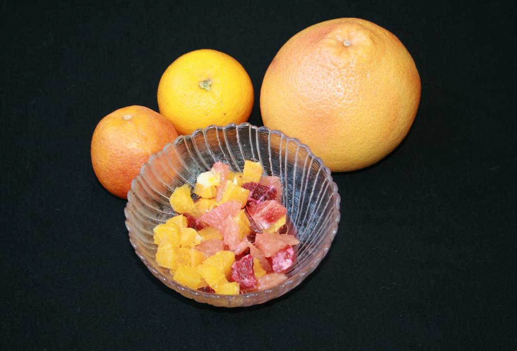 Winter Fruit Salad 2 medium oranges, peeled and diced 1 medium pink grapefruit, peeled and diced 2 medium blood oranges, peeled and diced January Cut the oranges, pink grapefruit, and blood oranges