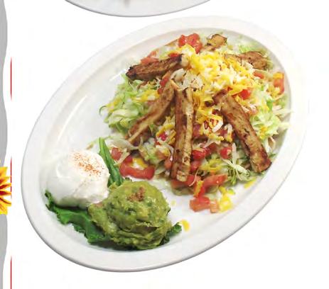 Taco Salad A Flour tortilla shell filled with your choice of seasoned ground beef or shredded beef with beans or chicken with rice and topped with lettuce, tomato and cheddar and monterey jack