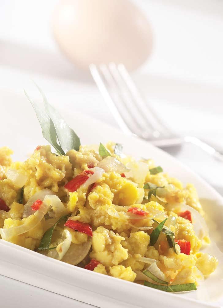 Protein Packs A Punch Protein Membina Tubuh Yang Sihat Scrambled Eggs (2 servings) Ingredients 4 large eggs 1 tsp margarine 1 tsp sesame or vegetable oil 5-8 curry leaves, coarsely chopped 1 tsp
