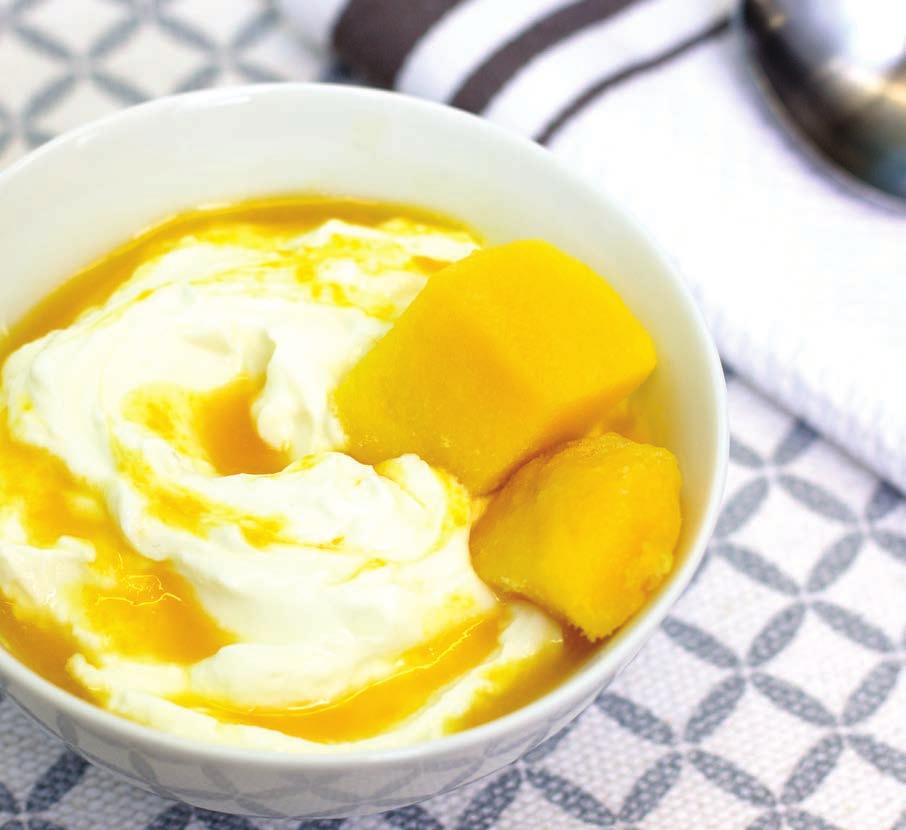 Fresh-Swirled Yogurt 5 6 ounces vanilla or plain Greek yogurt ¼ cup Mango Passion Fruit Fruition ¼ cup granola (optional) 1.