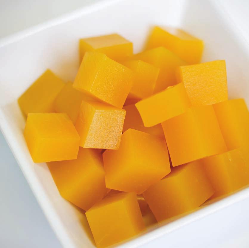 Tropical Fruit Natural fruit snacks ½ cup cold water ½ cup cold orange juice 4 packets unflavored gelatin powder 2 cups Mango Passion Fruit Fruition 1½ tablespoons honey 1.