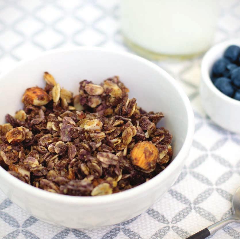 wild Blueberry Crumble Granola 2 cups rolled oats ½ cup wheat germ ½ cup ground fiaxseed ½ teaspoon salt 1 teaspoon cinnamon ½ cup chopped almonds 3 tablespoons unsalted butter ½ cup Wild Blueberry