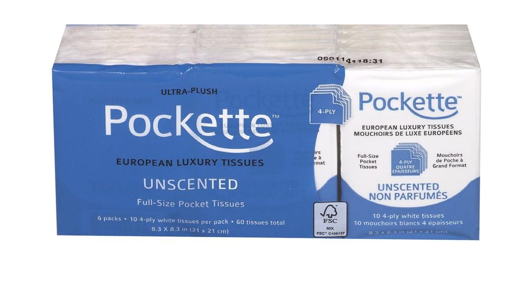Pockette Individual 10-Tissue Packs Perfect for purse, pocket and travel! Palm-sized! Only 3 X 2 X 1 in. 7.5 X 5 X 2.5 cm (H,W,D) (Single packs not sold individually) Pure perfection!
