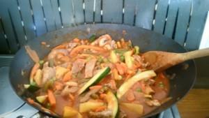 SWEET AND SOUR PORK SWEET AND SOUR PORK one red onion, chopped in half, then sliced 1 pork cutlet, chopped in strips 3 small carrots chopped 3 medium baby morrows sliced about 6 big mushrooms ½ fresh