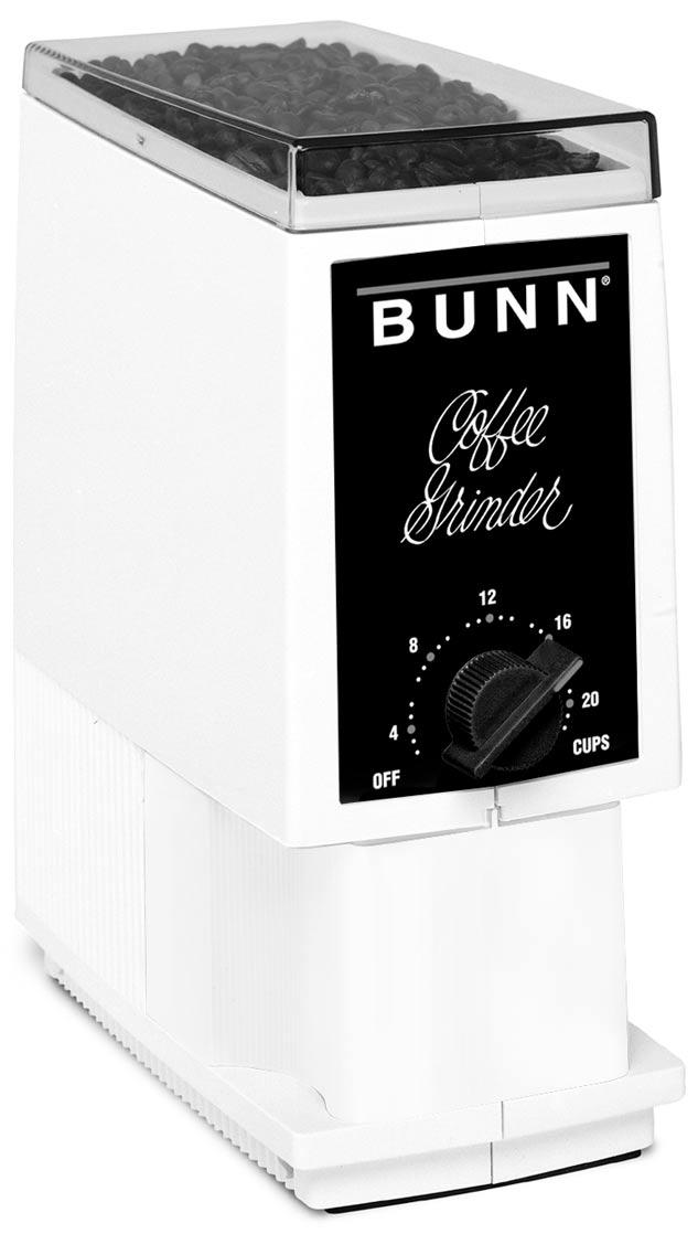 BUNN DELUXE HOME MODEL COFFEE GRINDER For the freshest grind possible HOPPER (COFFEE BEAN STORAGE) HOPPER LID DIAL SETTINGS OPERATING KNOB GROUND COFFEE COLLECTOR Coffee Grinder Component