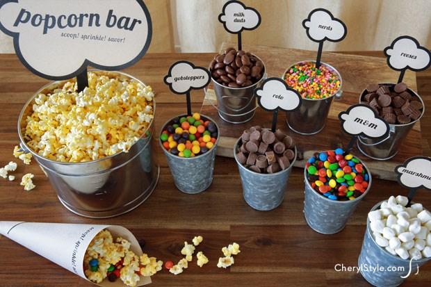 Popcorn Bar Ingredient Options At least 1 flavor of popcorn Consider adding kettle corn or white cheddar to be extra fancy!