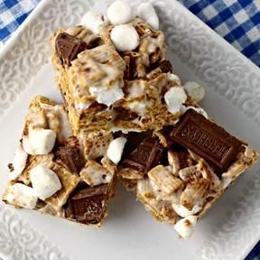 S mores Krispie Treats by Renee P. Yield: 24 servings Ingredients 3 TBS unsalted butter Pinch of salt 5 Cups mini marshmallows, divided 6-7 cups Graham cereal pieces 3 1.55oz.