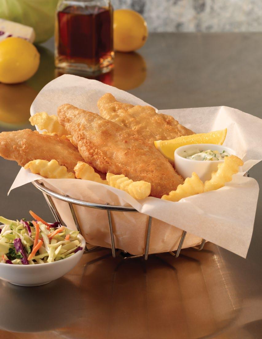 HANDCRAFTED SEAFOOD Beer Battered Alaskan Style Cod Serving Suggestion PUB-STYLE SEAFOOD REAL BEER BATTER Scratch made look and taste COOKS FROM FROZEN Zero prep time SURIMI SEAFOOD AFFORDABLE