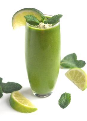 Mojito Green Smoothie Serving size: 6-8oz; makes 4 Servings Prep time: 5 minutes Total time: 5 minutes 1 cup unsweetened coconut water 1/2 cup mango 1/2 cup fresh spinach 1/2 cup cucumber, peeled and