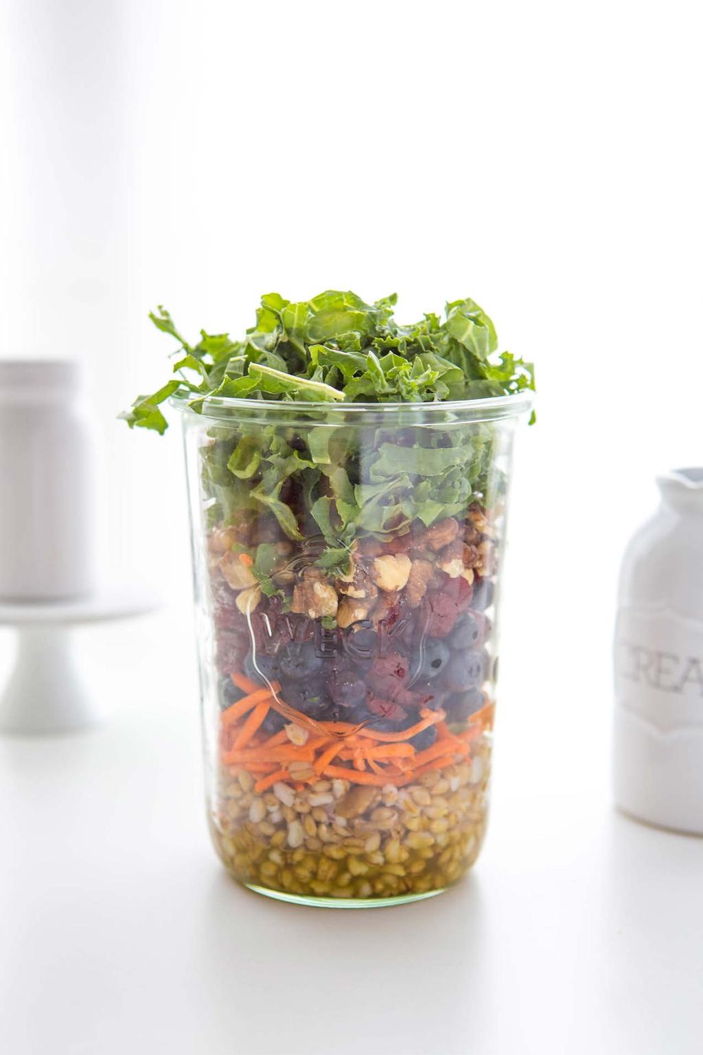 1. Superfood Shaker Quick and tasty, this salad brings together hearty grains, savory veggies and sweet dried fruits for a satisfying meal that you can tote on-the-go anywhere.