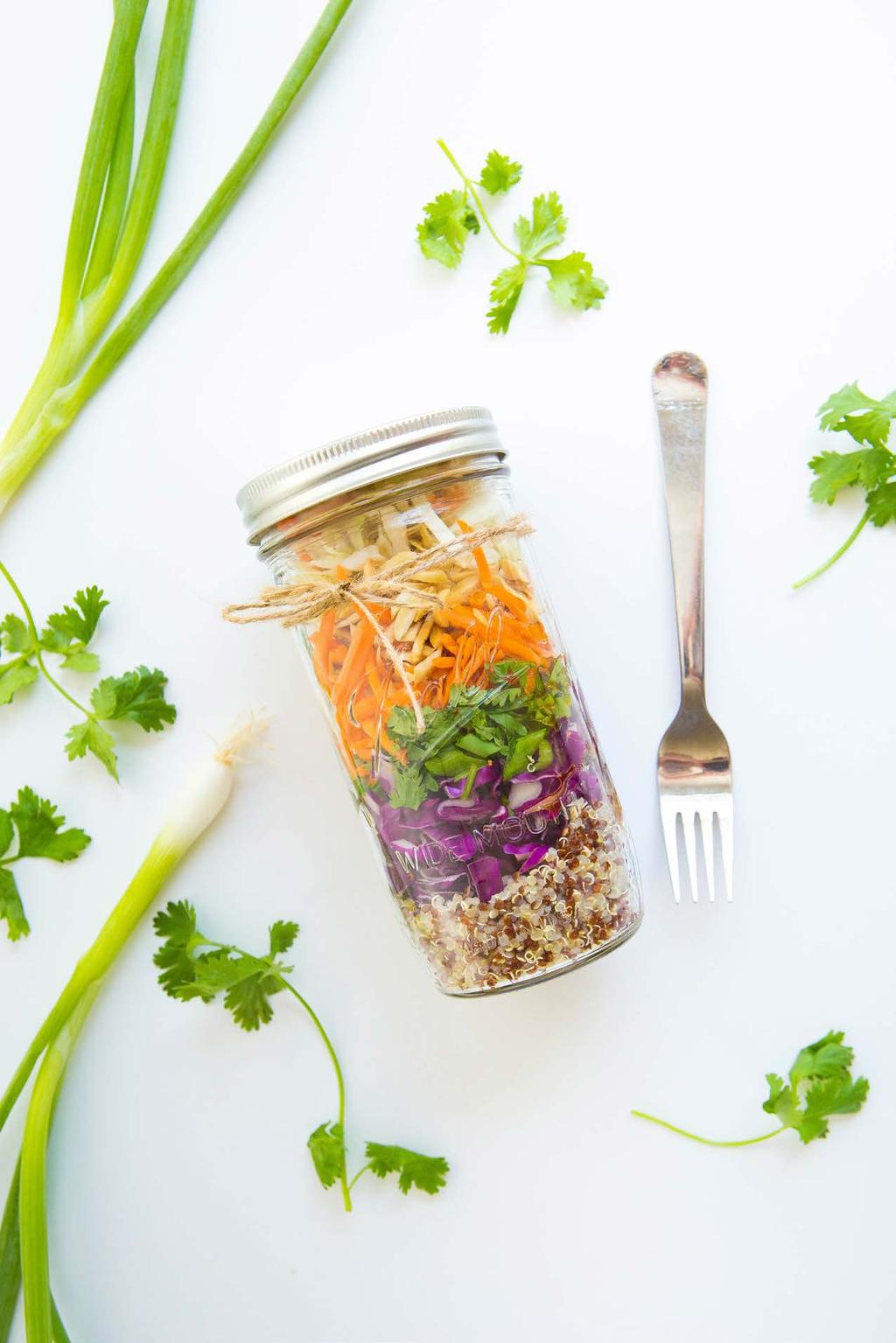 2. Asian Quinoa Mason Jar Salad Make this easy, tasty mason jar salad as a hearty vegan lunch that can be easily tucked in your work bag.