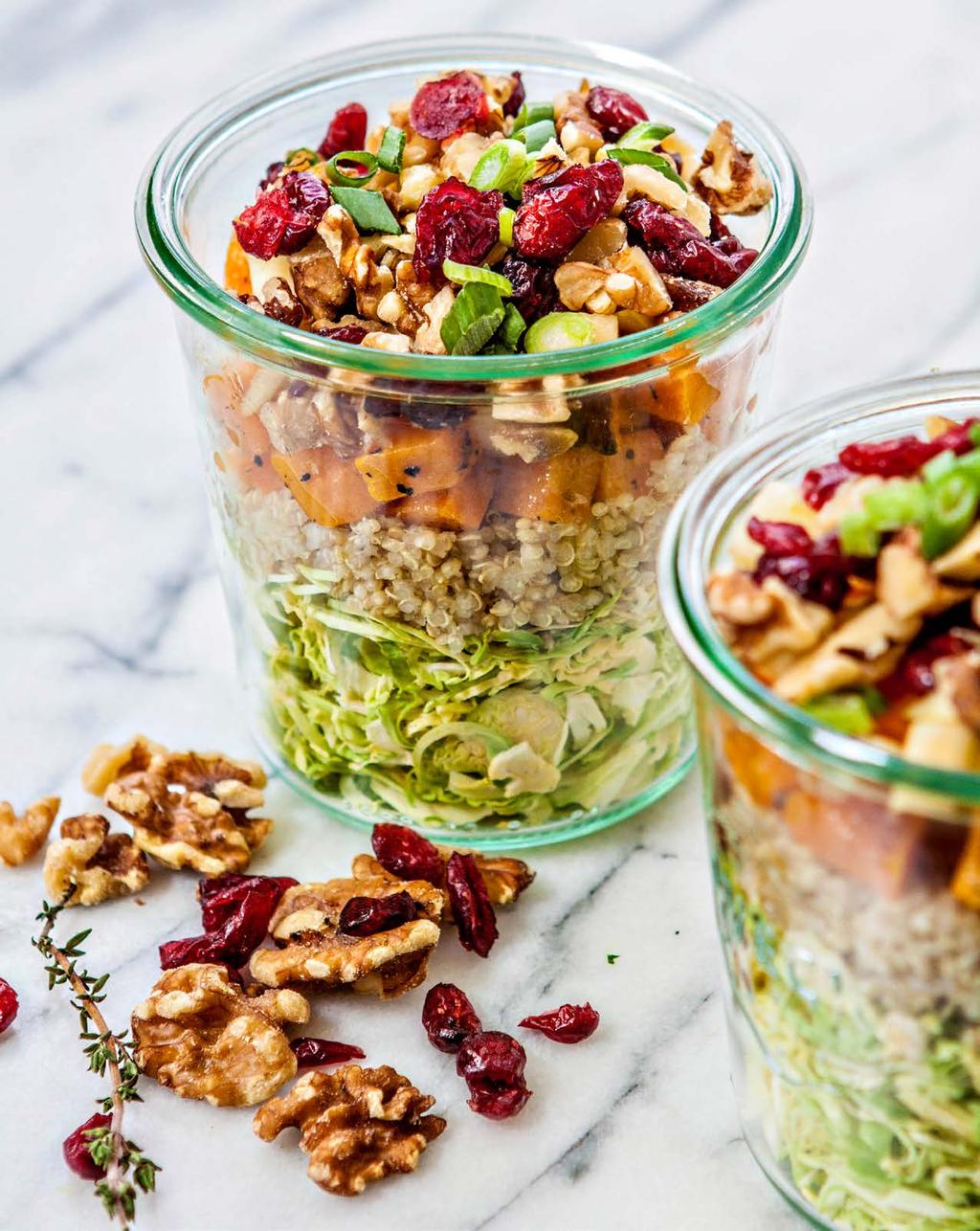 5. Autumn in a Jar Enjoy all of the delicious, comforting flavors of fall in this salad jar. Shredded brussels sprouts pair with roasted butternut squash, cranberries, apples, walnuts and quinoa.