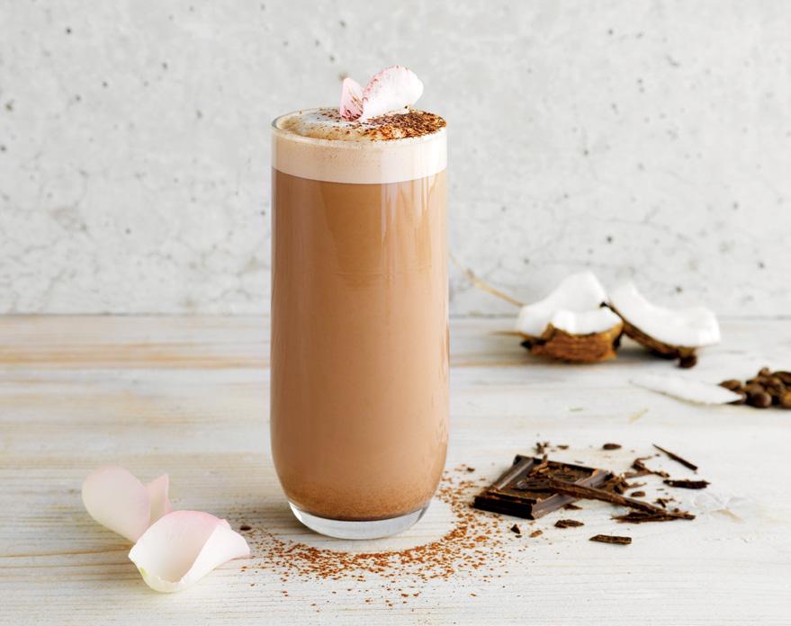 ROSE COCONUT MOCHA COCONUT SHAKERATO 200 ml Alpro Coconut For Professionals 5 g dark chocolate finely chopped or 1 tbsp chocolate powder 1 tsp rose water 1-2 shot of espresso (to taste) a dusting of