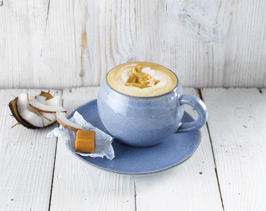 COCONUT FUDGE LATTE HEAVEN IN A CUP 275 ml Alpro Coconut For Professionals 20 g sugar free caramel syrup a pinch of salt 1 espresso salty caramel fudge flakes (for 1 cup 330 ml) 1. Add syrup to a cup.