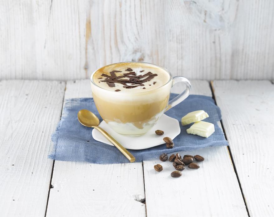 100 ml Alpro Soya For Professionals 1 shot espresso 75 ml white chocolate syrup optional chocolate powder to garnish 1. Pour white chocolate syrup and freshly made espresso into a coffee cup. 2.