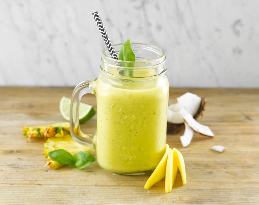 200 ml Alpro Coconut For Professionals ½ pineapple 300 ml frozen mango juice of 1 lime 4-5 basil stalk and leaf 2-3 tbsp agave syrup or honey 2 cm fresh