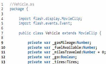 VD trong phần trước, lớp vehicle là một subclass vì nhận thừa kế từ lớp MovieClip là một superclass. Trong tất cả các vd trrước đây, chúng ta đều khai báo những biến của lớp bằng public.