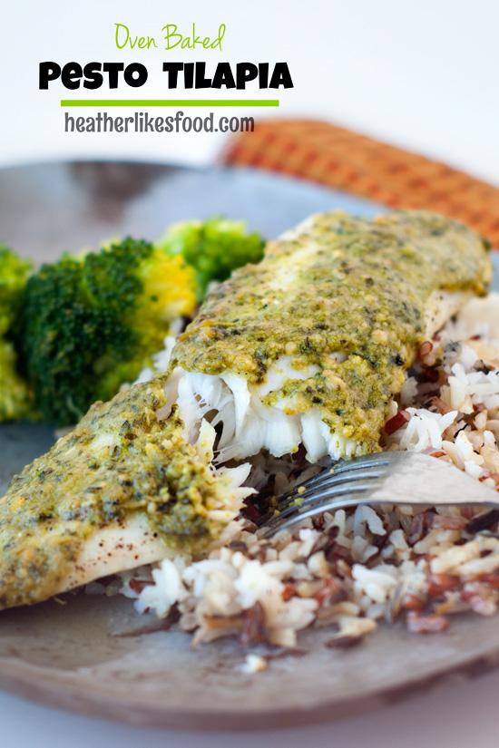 2/20/2015 Oven Baked Pesto Tilapia Oven Baked Pesto Tilapia 4 tilapia fillets or other firm white fish ¼ 1/3 C prepared pesto (I like Costco brand best) salt and pepper 1. Preheat oven to 400 2.