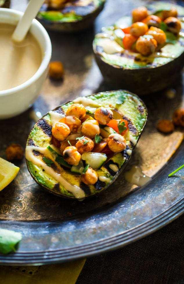 serves 4 Mediterranean grilled avocado stuffed with chickpeas and tahini {Vegan + Gluten Free} PreP time: 10 mins Cook time: 25 mins 1 Can (13oz) Chickpeas, drained and rinsed Pompeian Grapeseed Oil