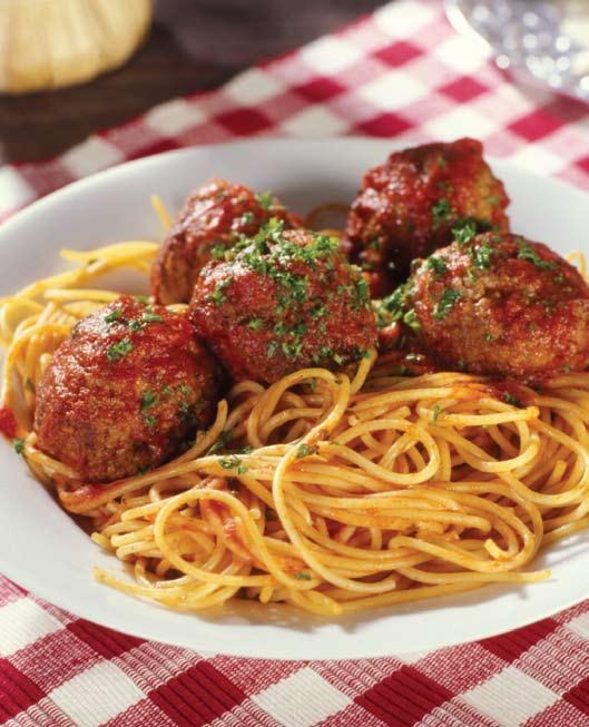40 Spaghetti and Meatballs 1 lb. spaghetti cooked to preference Sauce: 2 tbsp. olive oil 1 medium onion, peeled and diced small 2 cloves garlic, peeled and minced 2-28 oz. can crushed tomatoes 3 tbsp.