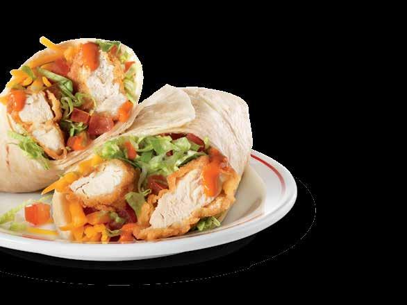 Stuffed, Stacked and Toasted WRAPS & MELTS BUFFALO CHICKEN WRAP Crispy chicken tenders with tomatoes, lettuce, cheddar cheese and buffalo sauce wrapped in a tortilla.