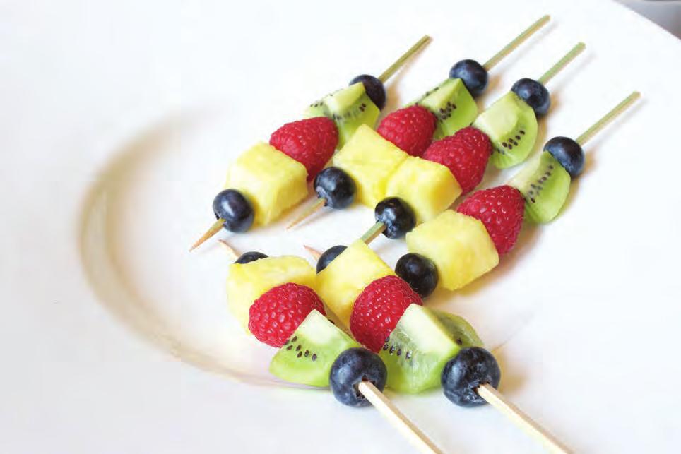 Fruit Salad on a Stick INGREDIENTS 3 kiwis 1 pineapple, peeled and quartered 1 pint raspberries 1 pint large blueberries SPECIAL TOOLS Skewers DIRECTIONS Clean all fruit and air dry.