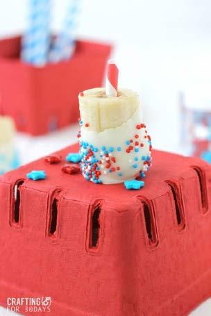 4th of July Banana Firecracker Pops Ingredients bananas white chocolate melts Forth of July sprinkles paper straws 1. Cut your bananas into thirds and place them in the freezer for 15-30 minutes. 2.