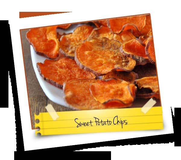 Sweet Potato Chips Both a sweet and savory snack, sweet potatoes are full of vitamins and minerals, and are generally considered to be better for you than regular potatoes.