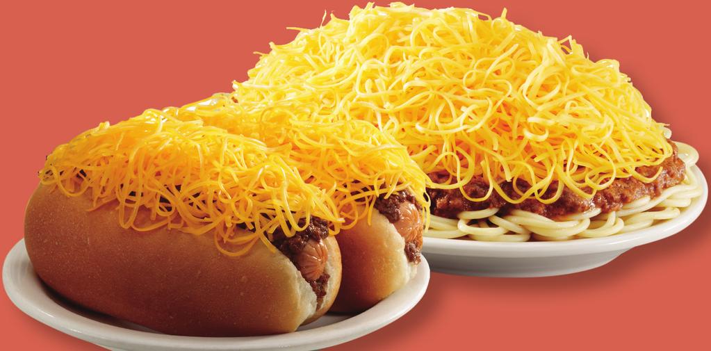 50 FULL $9 CHEESE CONEY A specially made hot dog in a steamed bun with mustard and our secret recipe chili, topped