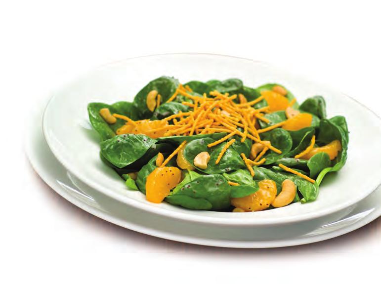 99 Mandarin Spinach Salad Fresh spinach tossed with sweet mandarin oranges, cashews and poppy seed dressing topped with crispy noodles. 5.99 Large 8.