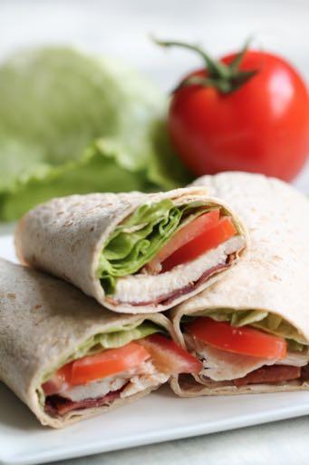 DAY 2 LOW FAT TURKEY BACON WRAP RECIPE M A I N D I S H Serves: 6 Prep Time: 10 Minutes Cook Time: 6 Tablespoons fat free ranch dressing 6 multigrain tortillas 18 strips turkey bacon (cooked) 1 1/2